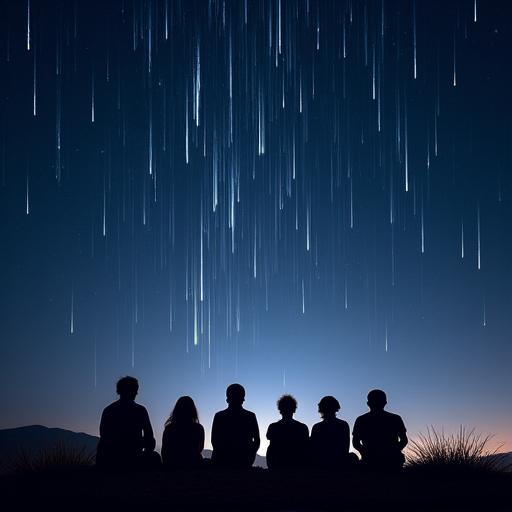 유성우가 쏟아지는 밤하늘 아래 모인 사람들