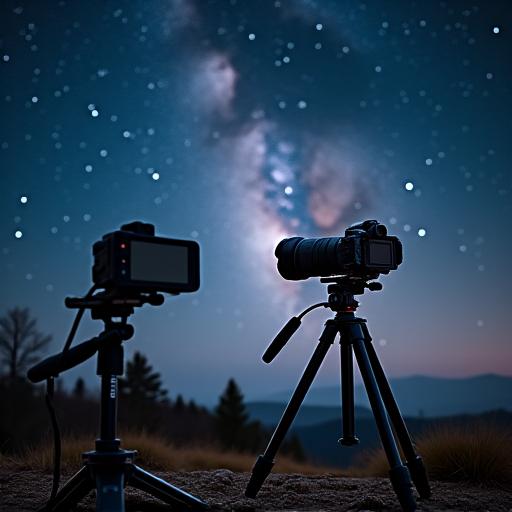 은하수를 배경으로 사진을 찍는 카메라 장비